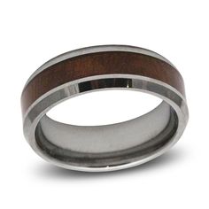 men's wedding band with two tone wood inlay and silver plated center