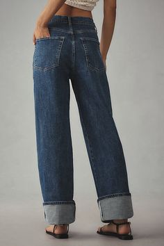 From holy-grail tees and perfectly fitted jeans to laidback dresses, PILCRO is on everyone’s most-wanted-wardrobe list. | High-Rise Straight-Leg Cuffed Jeans by Pilcro in Blue, Women's, Size: 23, Cotton/Elastane at Anthropologie Wide Leg Straight Jeans, Jeans Women 2024, Rolled Jeans Outfit, How To Cuff Straight Leg Jeans, Thrifted Fall Outfits, Cuffed Jeans Outfit, Anthropologie Outfits, Wide Cuff Jeans, Pilcro Jeans