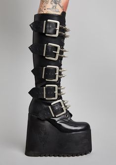 cuz you're burning it all down to the ground babe! Go off in these wicked platform boots that have spiked adjustable buckles all over, embossed logos on the soles, N' side zip closures. Occult Clothing, Sequin Boots, Gothic Shoes, Patent Boots, Glitter Boots, Vegan Boots, Black Platform Boots, Chunky Boots, Fashion Black