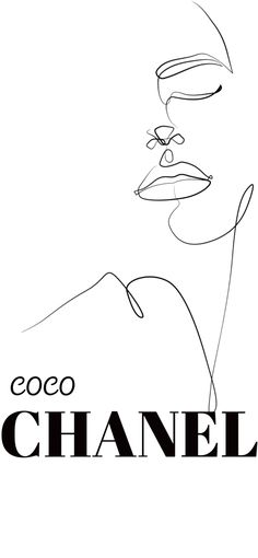 a black and white drawing of a woman's face with the word coco chanel on it