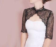 Plus size black lace jacket / wedding bolero/cover up  /3/4-sleeve /white /ivory/ black/shrug/wrap/wedding accessories Lace Jacket Wedding, Black Gothic Wedding, Black Lace Jacket, Lace Bolero Jacket, Wedding Bolero, Lace Shrug, Bridal Shrug, Wedding Shrug, Bridal Cover Up