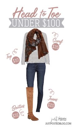 A Head to Toe Under $100 with this cute striped tee, cozy scarf and over the knee boots! So many of these pieces would be perfect for a capsule wardrobe! Teaching Wardrobe, Plus Size Capsule Wardrobe, Casual Mom Style, Colorful Outfits, Moms Fashion, Cold Weather Outfit, Save Outfits, Fashionable Snow Boots, Jeans Outfits