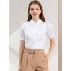 A basic button-down shirt features short puff sleeves bringing a touch of femininity and detail to any of the work-wear and making them look elegant. This puff-sleeve shirt is made of lightweight soft cotton fabric, drapes beautifully, and ensures you stay comfy all day. Pair this work office shirt with shorts, work pants, or casual jeans. Elegant Puff Sleeve Button-up Top, Formal Padded Short Sleeve Blouse, Formal Short Sleeve Padded Blouse, Spring Workwear Puff Sleeve Top With Short Sleeves, Spring Puff Sleeve Short Sleeve Top For Work, Classic Short Sleeve Padded Blouse, Fitted Short Sleeve Puff Sleeve Top For Workwear, Fitted Puff Sleeve Shirt With Buttons, Fitted Short Sleeve Blouse For Formal Occasions