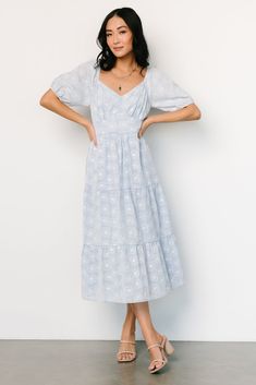 Our Mildred Embroidered Midi Dress comes in two cute colors and has embroidered floral throughout. This dress is the perfect midi! Light Blue Midi Dress, Dress Light Blue, Cute Colors, Embroidered Midi Dress, Midi Length Skirts, Easter Outfit, White Embroidery, Blue Midi Dress, Light Blue Color