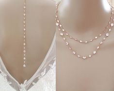 This dainty rose gold bridal backdrop necklace is simply stunning! With delicate round bezel cz stones that will drape your neckline and sparkle beautifully ! - Handcrafted in my studio - Tiny alternating sizes bezel set Cubic Zirconia components - Available in rose gold, yellow gold or rhodium (silver) - You can choose the length of the backdrop from the drop down menu - Nickel free and hypoallergenic - Choker portion measures 15 inches, if you need it longer please message me. - Backdrop in ph Rose Gold Necklace Wedding, Wedding Necklace Simple, Rose Gold Backdrop, Bridal Backdrop, Dainty Jewelry Necklace, Bridal Backdrop Necklace, Bridal Statement Necklace, Backdrop Necklace, Rose Gold Wedding Jewelry