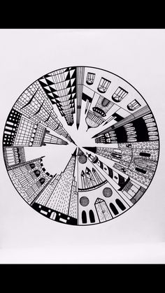 a black and white drawing of buildings in the middle of a circular pattern on paper