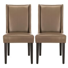 pair of brown leather dining chairs with nail head trimmings on the back and sides