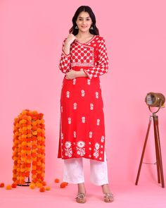 Handmade with Love Kurti Fabric: Modal Cotton Embroidery : Full Floral embroidered Yoke and sleeve Color:Red Sleeves: 3/4 Sleeves Style: Straight Kurti with Angrakha look Length: 44-46 Inches Occasions: Casual Wear, Office Wear, Festive Wear Garment Care: Hand Wash Only Trendy Kurti, Office Wear, Wearing Red, Festival Wear, Sleeve Styles, Hand Embroidered, Casual Wear, Womens Clothing Tops, Favorite Outfit