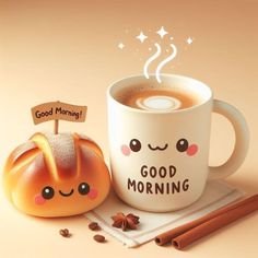 a cup of coffee next to an orange and cinnamon on a napkin with a sign that says good morning