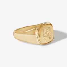 Show your love with this bold signet ring. Tanner's modern heirloom design, engraved with the 'love' of your choice, is sure to make a statement when worn alone or stacked with your other staples. Select your love language and ring size for your fingers or pinkie. Crafted with a luxury 14 karat gold plating over a solid sterling silver base, this Adorn Luxe ring has a beautiful ‘demi-fine’ jewelry finish. Modern Gold Signet Promise Ring, Modern 14k Stamped Jewelry For Promise, Modern Adjustable Engraved Signet Ring, Modern Promise Ring With Engraving, Minimalist Tarnish Resistant Signet Ring For Promise, Minimalist Tarnish-resistant Signet Ring For Promise, 14k Gold Signet Ring With Engraving Option For Everyday, Modern Engraved Rings For Everyday Wear, Everyday 14k Gold Signet Ring With Engraving Option