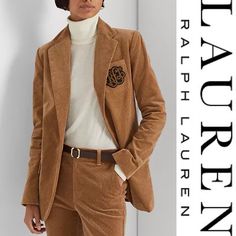 This Soft Corduroy Blazer Embodies Luxurious Lauren Style With A Signature Bullion Patch At The Chest And Horn-Effect Buttons. - Straight Fit - Notch Lapels - Single-Button Closure - Signature Horn-Effect Buttons - Long Sleeves With Four-Button Cuffs - Left Chest Patch Pocket - Bullion "Lrl" Patch Embroidered At The Chest Pocket - Two Front Waist Flapped Pockets - Front And Back Princess Seams - Vented Back Hem - Fully Lined - Shell: 98% Cotton, 2% Elastane. Lining: 94% Polyester, 6% Elastane Si Classic Fitted Luxury Suit, Luxury Embroidered Notch Lapel Suits, Luxury Fitted Notch Lapel Suits, Luxury Fitted Suits With Buttons, Luxury Classic Fitted Suits, Luxury Button-up Suits, Ralph Lauren Style, Corduroy Blazer, Ralph Lauren Women