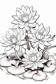 some water lilies floating on top of lily pads in the pond coloring pages, adult coloring pages, flower coloring pages, drawing for beginners, easy to draw, art lessons, lotus tattoo drawings, doodles, ink, flowers, person, how to draw designs, pencils