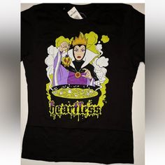 a black shirt with an evil queen on it