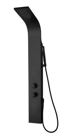 a black shower head with thermostaer and handset attached to it's side