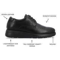 The Ramos casual derby from Vance Co. is a bold take on a simple look. The 12 mm Tru Comfort Foam™ massaging insole, cushioned collar tongue, round toe, and vegan leather will give you comfort for your daily needs. A lightweight EVA outsole grounds the design. Black Leather Dress Shoes With Ortholite Insole, Black Casual Leather Shoes With Comfort Fit, Black Leather Oxfords With Ortholite Insole, Fitted Casual Leather Shoes With Rubber Sole, Casual Fitted Leather Shoes With Rubber Sole, Casual Synthetic Dress Shoes With Removable Insole, Black Synthetic Dress Shoes With Removable Insole, Casual Fitted Dress Shoes With Rubber Sole, Simple Look