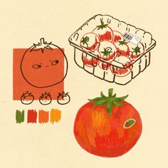 a drawing of tomatoes and a tomato in a basket