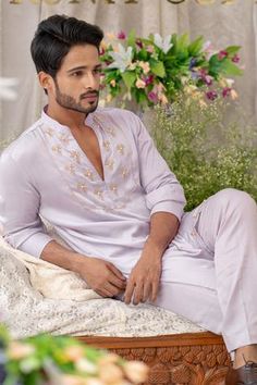 Shop for Runit Gupta Purple Pure Cotton Embroidered Kurta Set for Men Online at Aza Fashions Transitional Festive Kurta With Pearl Embroidery, Festive Long Sleeve Traditional Wear With Pearl Embroidery, Fitted Sets With Pearl Embroidery For Eid, Long Sleeve Traditional Wear With Pearl Embroidery For Diwali, Eid Long Sleeve Traditional Wear With Pearl Embroidery, Eid Traditional Wear With Pearl Embroidery And Long Sleeves, Designer Long Sleeve Kurta With Pearl Embroidery, Diwali Festive Kurta With Pearl Embroidery, Festive Pearl Embroidered Kurta For Diwali