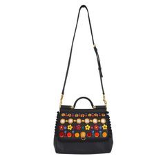 Calf leather tote detailed with pom-pom, mirror, charms and multicolour rhinestones embellishment, featuring a round top handle, a detachable and adjustable shoulder strap and a snapped fold-over top, a logo debossed plaque. Jacquard lining, one inner open pocket with hand mirror and one zipped pocket. Bottom protective feet. Gold-tone hardware. 100%Calf Leather Dimensions (inches): 11,8 x 8,3 x 4,7 Handle drop: 3,5 Drop: 21,7 Dimensions (cm): 30 x 21 x 12 Handle drop: 9 Drop: 55 Made in Italy Designer Bags With Round Handle As Fashion Accessory, Designer Bag With Round Handle As Fashion Accessory, Designer Bags With Round Handle, Designer Shoulder Bag With Round Handle, Embellished Leather Top Handle Shoulder Bag, Designer Embellished Leather Shoulder Bag, Chic Embellished Leather Bag, Designer Embellished Top Handle Shoulder Bag, Luxury Multicolor Satchel With Detachable Handle