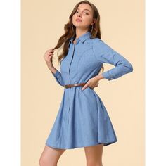 If you're looking for a versatile and stylish addition to your wardrobe, consider this timeless chambray dress. This button-down shirt dress features a flattering gathering around the waist and comes with a sleek PU belt, adding a feminine touch to your everyday look. You can pair it with knee-length boots or sneakers, and it's perfect for any occasion, including dates, weekends, parties, work, office, trips, and more. With its effortless style and comfortable fit, you'll love wearing it any day Dress Light Blue, Womens Denim Dress, Button Down Shirt Dress, Denim Shirt Dress, Chambray Dress, Denim Button Down, Button Dress, Work Office, Womens Clothing Sizes