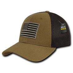 Descriptions Our Embroidered Air Mesh Flex Cap, is a classic 6 panels structured mesh cap with flexibility on the rear panels offering ventilation and comfort, The front of cap features the embroidered American Flag prominently displayed. This cap is made of 50% cotton, 50% polyester with pre-curved bill, 8 rows stitching across the bill, this stylish flex cap will be on your list of favorite caps to wear. Low Crown Flex Cap 50% Cotton/50% Polyester Air Mesh Rear Panels 6 Panel Structured One si Military Style Brown Baseball Cap With Flat Bill, Khaki Military Hat For Sports, Military Style Baseball Cap With Logo Patch, Military Cap With Logo Patch, Military Style Khaki Baseball Cap With Curved Brim, Military Style Cap With Logo Patch, Khaki Military Baseball Cap For Sports, Military Style Hat For Streetwear, Adjustable Military Cap