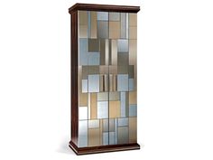 a tall wooden cabinet with many different colored tiles on the front and back panels,