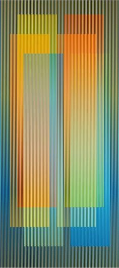 an abstract painting with vertical lines in blue, orange and yellow