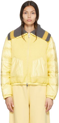 Down-filled quilted nylon taffeta jacket. · Detachable rib knit stand collar · Two-way zip closure · Welt pockets · Signature tricolor felted logo patch at sleeve · Elasticized cuffs and hem · Fully lined Supplier color: Light yellow Filling: 90% down, 10% feather. | Moncler Yellow Apront Down Jacket Designer Quilted Nylon Outerwear, Winter Nylon Outerwear With Ribbed Collar, Yellow Puffer Jacket, Taffeta Jacket, Quilted Shirt, Winter Resort, Yellow Quilts, Resort 2023, Boss Girl