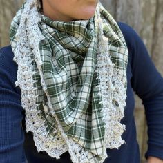 Bohemian fall style and a one of a kind scarf. Cotton flannel triangle is edged with a crochet trim. Flannel has been hemmed to prevent fraying and edge is crocheted directly onto the scarf. Super versatile designs can be worn as a shawl with a leather cuff or shawl pin or triangle in the front for a boho cowgirl vibe. - 100% brushed cotton flannel with acrylic yarn trim. - Triangle is about 72" on widest edge and about 36" tall. - Scarf was handmade in house, sewn and crocheted from raw materia Bohemian Fall, Boho Cowgirl, Winter Shawl, Shawl Pin, Boho Scarfs, Triangle Scarf, Shawl Pins, Crochet Trim, Leather Cuffs