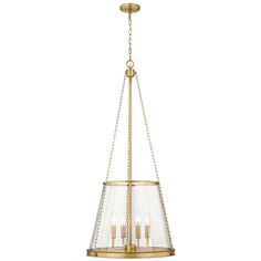 a brass chandelier with clear glass shades