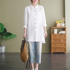 Enjoy the warmer weather in our Long Sleeve Linen Collared Blouse. This relaxed linen button down is lightweight and loose, making it the perfect piece for sunny days when you still want to feel dressed up. Wear tucked into jeans or light trousers for a casual yet put-together look. Cotton Blouse With Long Sleeves For Casual Gatherings, Spring Cotton Blouse With Rolled Sleeves, White Blouse With Rolled Sleeves For Fall, Casual Long Sleeve Blouse For Spring, Spring Long Sleeve Blouse For Casual Gatherings, Casual Solid Blouse With Cuffed Sleeves, Spring Casual Buttoned Blouse, Spring Casual Button Blouse, Spring Casual Blouse With Buttons