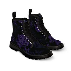 Classic style boots with a rubber sole, featuring a hand-drawn floral print. .: 30.69 oz. Nylon-canvas .: 6.5 - 11 US sizes .: Rubber sole .: With rear pull-loop .: Please use the metric system for a more precise size guide The Metric System, Metric System, Drawn Floral, Canvas Boots, Style Boots, Style Classique, Purple Black, Work Boots, Christmas List