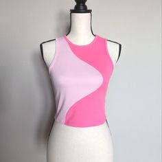 Light And Bright Pink Abstract Color Block Cropped Ribbed Tank Top Size M Has Great Stretch 95% Polyester 5% Spandex 15.5" Pit To Pit | 16" Long Trendy High Stretch Pink Tops, Trendy Pink High-stretch Tops, Pink Sleeveless Elastane Top, Pink High Stretch Cropped Tops, Pink High Stretch Sleeveless Top, Pink Elastane Crop Top, High Stretch Pink Sleeveless Top, High Stretch Pink Cropped Tops, Color Block Stretch Athleisure Top