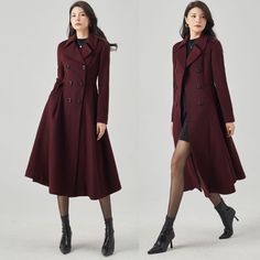 ★★ Welcome to my Ylistyle's shop！！！ This burgundy long wool coat, features a waist-cinching design to perfectly show off your figure.  Wear it in autumn and winter to keep you warm and comfortable. Made of high-quality fabric, giving you a good touch and very comfortable to wear. ★★FEATURES 50% wool, 50% fiber nylon polyester Polyester lining Two Side pockets Buttons closure Long wool coat Fit and flare coat Vintage wool coat Princess coat Oevrcoat For autumn & winter Dry clean More color        https://rb.gy/5h4pol ★★ The model's height approx 170 cm (5′ 7″) with the 84 cm (33") bust, 66 cm (26") waist. She is wearing the wool coat in size XS (US2) ★★ Please select custom order according to the follow situation Can't find your size Your height is over 175cm Your weight is over 75kg Reques Burgundy Long Sleeve Business Outerwear, Burgundy Lapel Collar Outerwear For Fall, Burgundy Winter Outerwear For Office, Purple Winter Business Outerwear, Winter Purple Business Outerwear, Elegant Purple Outerwear For Fall, Elegant Burgundy Outerwear With Button Closure, Purple Business Outerwear For Winter, Formal Burgundy Outerwear With Buttons