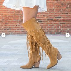 Dingo Witchy Woman Camel Leather Fringe Boots Bohemian Cowgirl Size 8.5 New Camel Leather Fringe Boots Bohemian Cowgirl Style Cushion Comfort Insole Genuine Suede Leather 22" Height Non Slip Runner Sole Snip Toe Zipper Runs True Retailed $249.98 Bohemian Knee-high Leather Boots, Fall Tassel Boots With Round Toe, Festival Boots With Tassels And Round Toe, Bohemian Suede Boots With Tassels, Summer Leather Boots For Rodeo, Leather Boots For Summer Rodeo, Summer Rodeo Leather Boots, Bohemian Boots With Tassels And Round Toe, Trendy Boots With Tassels For Fall