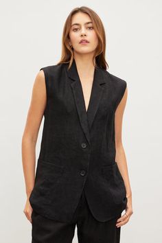 BETHAN HEAVY LINEN SLEEVELESS BLAZER Chic Summer Outerwear With Pockets, Summer Workwear Vest Outerwear, Sleeveless Blazer With Welt Pockets For Work, Elegant Sleeveless Blazer With Welt Pockets, Chic Summer Vest For Workwear, Spring Business Casual Vest With Pockets, Chic Summer Workwear Vest, Spring Vest With Notch Lapel And Welt Pockets, Sleeveless Blazer With Pockets For Work