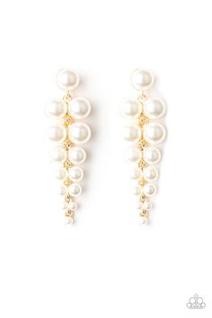 TOTALLY TRIBECA - GOLD Gradually decreasing in size, pairs of classic white pearls drip from a solitaire pearl, coalescing into a dramatic triangular-shaped lure. Earring attaches to a standard post fitting. Sold as one pair of post earrings. p5po-gdxx-077xx Paparazzi Earrings, Paparazzi Accessories Jewelry, Paparazzi Consultant, White Pearl Earring, Paparazzi Accessories, Exclusive Jewelry, Inspired Jewelry, Paparazzi Jewelry, Gold Pearl