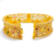 PRODUCT DETAILS Gold Purity(karat): 22k Item Weight(grams): 46.7 Item Finish: Yellow Gold Stone: Polki Diamond Diamond Weight(carats): 10.55ct Accented Stone: Tourmaline Stone Weight: 6.44ct Bangle Size: 2.4 Bangle Opening: 2.25" Openable: Yes, Hinge w/ Screw Formal Multi-stone Bangle, Luxury Gold Cuff Bracelet With Multi-stones, Luxury Gold Multi-stone Cuff Bracelet, Yellow Gold Multi-stone Bangle For Wedding, Elegant Gold Bangle With Multi-stone Details, Elegant Gold Bangle With Multi-stone, Yellow Gold Multi-stone Wedding Bangle, Traditional Gold Cuff Bracelet With Gemstone, 22k Gold Bangles