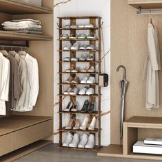 an organized closet with shoes and clothes hanging on the wall, next to a shoe rack