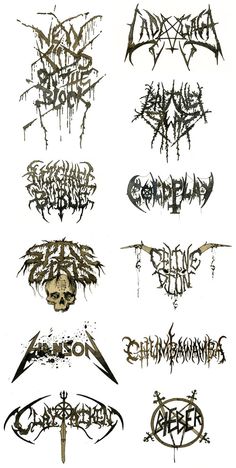 several different types of metal lettering on white paper with black ink and pentagramil