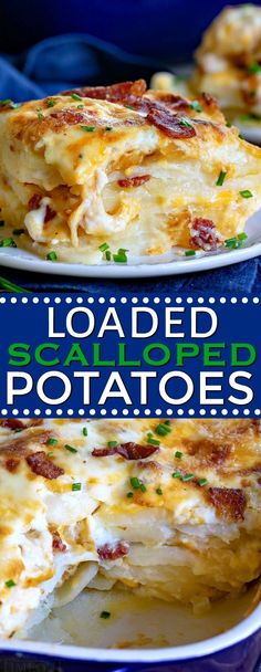 two plates filled with loaded baked potato casserole on top of each other and the text overlay reads loaded b - calopeed potatoes