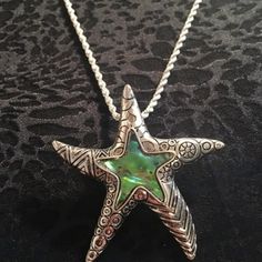 This Pendant Is 2.0 Inches By 2.0 Inches And Comes With A 22-Inch Sterling Silver Rope Chain. The Earrings Are 1.0 Inches All Around And Have A Drop-Down Length Of 1.5 Inches. Http://Www.Venicebytheseajewelry.Com/ 5-Star Rating- On Etsy With Products, Customer Service, Shipping, And Customer Responses. Check Us Out At Pinterest-Venice By The Sea Jewelry Bohemian Silver Necklace With Starfish Charm, Unique Starfish Jewelry As A Gift, Bohemian Silver Jewelry With Starfish Charm, Handmade Green Starfish Jewelry, Handmade Green Starfish-shaped Jewelry, Unique Starfish Charm Jewelry As Gift, Unique Jewelry With Starfish Charm As Gift, Silver Starfish Charm Pendant Jewelry, Silver Starfish Jewelry For Gifting