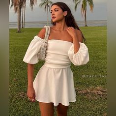 New With Tags Retails For $89 Size Small And Medium Available Off Shoulder Puff Sleeve, Shoulder Puff Sleeve, Summer Sundress, Zara Dress, Zara White, Dress Mini, Boho Summer, Zara Dresses, Baby Stuff