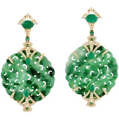 These hand carved Jade earrings are meticulously crafted from 18-karat gold. It is hand set in 32.04 carats Jade, 2.6 carats emerald and 1.36-carats of glimmering diamonds. FOLLOW MEGHNA JEWELS storefront to view the latest collection & exclusive pieces. Meghna Jewels is proudly rated as a Top Seller on 1stDibs with 5 star customer reviews. All items manufactured by us are handmade and can be customized or redesigned. Composition Size-58X31 MM Total Weight-18.994 Gold Weight(Gms)-11.795 Diamond Wt(Cts)-1.36 Emerald Wt(Cts)-2.6 Jade Wt(Cts)-32.04 Long Diamond Earrings, Diamond Gold Earrings, Emerald Diamond Earrings, Yellow Gold Diamond Earrings, Extraordinary Jewelry, Long Gold Earrings, Carved Jade, 18k Gold Earrings, Diamond Jewelry Designs