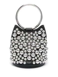 black calf leather bucket body silver-tone stud embellishment single metallic top handle logo print to the front main compartment suede lining concealed press-stud fastening This piece comes complete with a protective dust bag. This item is in size UNI and the color is Black Alaia Bag, Ansan, Bucket Handbags, Mini Bucket Bags, Leather Bucket Bag, Leather Bucket, Chic Accessories, Leather Mini, Black Rings