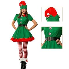 a woman wearing a green christmas costume with red and white stripes on her leggings