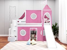 a kid's bedroom with a pink castle bed and stairs