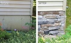 before and after pictures of landscaping in front of a house with flowers growing on the side