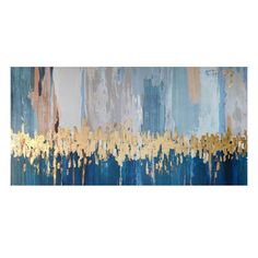 an abstract painting with blue and gold paint on the wall, it looks like something out of