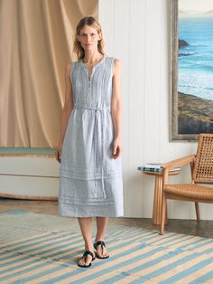 Isha Midi Dress - Blue Mini Stripe | Faherty Brand Summer Pleated Midi Dress For Daywear, Daywear Midi Dress With Gathered Waist, Spring Dresses With Gathered Waist And Relaxed Fit, Relaxed Fit Dress With Gathered Waist For Spring, Daywear Dress With Gathered Waist Mid-length, Spring Midi Dress With Pleated Waist And Relaxed Fit, Daywear Mid-length Dress With Gathered Waist, Ruched Relaxed Fit Midi Dress For Daywear, Mid-length Dress With Gathered Waist For Daywear