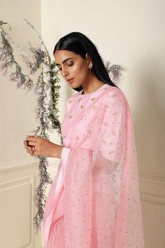 Baby Pink Saree with Stitched Blouse Set of 2 - Trendroots Pin Embroidery, Baby Pink Saree, Designer Baby, Pink Saree, Safety Pin, Best Deal, Baby Pink, One Shoulder Dress, Dry Clean